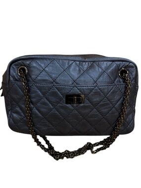Chanel Reissue 2.55 Medium Metallic Blue Leather Flap Bag So Black Hardware